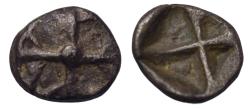 Ancient Coins - Attica, Athens AR obol c. 515-510 BC Wappenmünzen, four-spoked wheel/quadripartite incuse square