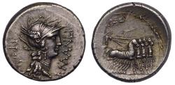 Ancient Coins - Roman Republic AR denarius 82 BC L. Cornelius Sulla and L. Manlius Torquatus, Roma/Sulla in triumphal quadriga