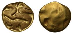 Ancient Coins - Gaul, Ambiani AV quarter stater c. 60-30 BC abstract tree with roots, crescent and heart/blank, ex-Sheikh Saud al-Thani