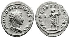 Ancient Coins - Philip II. 244–249 AD. Rome Mint. AR Antoninianus. PRINCIPI IVVENT in Military Dress.