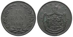 World Coins - Principality. Carol I. Romania. 1867 Copper 10 Bani. with Olive Green Patina!