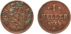 World Coins - Germany Grand Duchy of Hesse-Darmstadt German states 1849 1 Heller - Louis III Copper Darmstadt Mint 1.38g XF Schütz V 3464