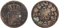 World Coins - Germany Kingdom of Bavaria Saar French Protectorate 1846 3 Kreuzers - Louis I Billon (.333 silver) Munich Mint (463000) 1.09g F  AKS 85, 154 Jaeg 5 Bay 59 KM 800 Wittelsbach 2770