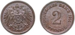 World Coins - Germany Second Empire 1914 A 2 Pfennig - Wilhelm II (type 2 - small shield) Copper Berlin Mint (5350313) 3.333g UNC KM 16 AKS 19 J 11 Schön DM 11 Neum 34