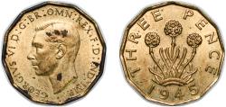 World Coins - Great Britain Kingdom 1945 3 Pence - George VI (with 'IND:IMP') Nickel brass (79% Cu, 20% Zn, 1% Ni) Royal Mint (Tower Hill) (33942400) 6.79g UNC KM 849 Sp 4112
