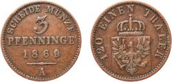 World Coins - Germany Kingdom of Prussia German states 1869 A 3 Pfenninge - William I Copper Berlin Mint 4.32g XF  AKS 106 Old/Mue 2 424, 427, 431 KM 482 Neum 17 Schr 162-188