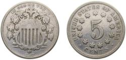 Us Coins - United States Federal republic 1867 5 Cents "Shield Nickel" (without rays) Copper-nickel (.750 Cu, .250 Ni) Philadelphia mint (28890500) 5g XF KM97