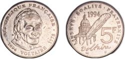 World Coins - France 1994 5 Francs (Voltaire) Copper-nickel (15000031) 10.06g AU  Gad 1789 775 KM 1063 Schön 337