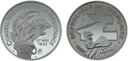World Coins - France Fifth Republic 1993 100 Francs 50th Anniversary of the National Resistance Movement, Jean Moulin