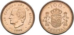 World Coins - Spain Kingdom 1998 M 100 Pesetas - Juan Carlos I (Value as "100"; dots around rim) Aluminium bronze (88.4% copper, 5% nickel, 5% aluminium, 1% iron, 0.6% manganese) Royal Mint of