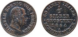 World Coins - Germany Kingdom of Prussia 1864 A ½ Silbergroschen - William I Billon (.222 silver) Berlin Mint 1.04g VF  AKS 104 Olding FR 416, 419, 422 Jaeg 9 Pr 88 KM 484 Neum 15 Schr 125-47