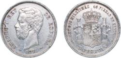 World Coins - Spain Kingdom 1871 *18-71 SDM 5 Pesetas - Amadeo I Silver (.900) Madrid Mint (13641162) 25g VF KM 666 Cal 5