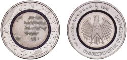 World Coins - Germany Federal Republic 2016 J 5 Euros (Planet Earth) Trimetallic: copper-nickel core, plastic middle ring and copper-nickel outer ring (Cu 81%, Ni 19% / blue polymer / Cu 75%, N