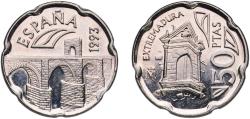 World Coins - Spain Kingdom 1993 M 50 Pesetas (Extremadura) Copper-nickel (75% copper, 25% nickel) Royal Mint of Spain (24314000) 5.6g UNC  KM 921 Schön 171
