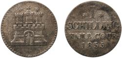 World Coins - Germany Free Hanseatic city of Hamburg 1855 1 Schilling Billon (.375 silver) (1841000) 1g XF  KM 586