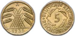World Coins - Germany Germany - 1871-1948 Weimar Republic 1935 A 5 Reichspfennig Aluminium bronze (19178219) 2.46g AU KM 39 AKS 49 J 316 Schön 39