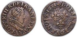 World Coins - France Kingdom 1631 D Double Tournois - Louis XIII (Lyon; 6th type) Copper Lyon Mint 2.5g VF CGKL 348 Dy royales 1362