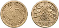 World Coins - Germany Germany - 1871-1948 Weimar Republic 1924 F 50 Rentenpfennig Aluminium bronze Staatliche Münze Baden-Württemberg Mint (21968181) 5.17g AU KM 34 AKS 38 J 310 Schön DM 33