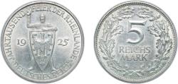 World Coins - Germany - 1871-1948 Weimar Republic 1925 F 5 Reichsmark (Rhineland) Silver (.500) (211950) 24.93g AU KM 47 AKS 60 J 322 Schön DM 48 Dav GT III 965