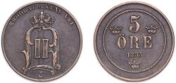 World Coins - Sweden Kingdom 1883 5 Öre - Oscar II (small letters) Bronze (578111) 8.13g XF KM 736