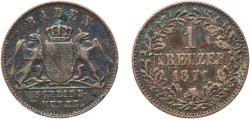 World Coins - Germany Grand Duchy of Baden German states 1871 1 Kreuzer - Friedrich I Copper Staatliche Münze Baden-Württemberg Mint (1175294) 4.22g VF  KM 242 Jaeg 2 AB 81 AKS 132