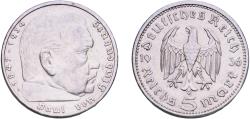World Coins - Germany Third Reich 1936 A 5 Reichsmark (Paul von Hindenburg) Silver (.900) Berlin Mint (30611157) 13.79g AU  KM 86 AKS 27 J 360 Schön 84