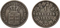 World Coins - Germany Kingdom of Württemberg German states 1865 1 Kreuzer - Karl I Billon (.166 silver) Staatliche Münze Baden-Württemberg Mint (864254) 0.78g VF  AKS 128 KR 116 Jaeg 1 Wu 82 KM