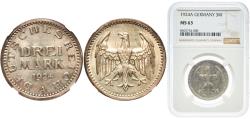 World Coins - Germany Weimar Republic 1924 A 3 Mark Silver (.500) Berlin Mint (24385500) 15g NGC MS 63  KM 43 AKS 30 J 312 Schön 35