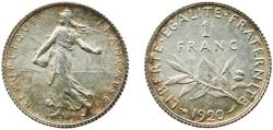 World Coins - France Third Republic 1920 1 Franc Silver (.835) Castelsarrasin Mint (19321795) 5.02g UNC  Franc 2014 217 Gad 1789 467 KM 844 Schön 187