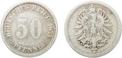 World Coins - Germany Second Empire 1875 A 50 Pfennig - Wilhelm I (type 1 - large shield) Silver (.900) (Ag 900, Cu 100) Berlin Mint (7094851) 2.62g VF  KM 6 AKS 3 J 7 Schön 7