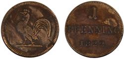 World Coins - Germany States Free imperial city of Frankfurt 1822 1 Pfenning Token, "Judenpfennig"