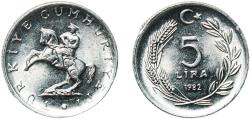 World Coins - Turkey Republic 1982 5 Lira (small type; crescent to right; large 5) Aluminium (Etial 30) Turkish State Mint (69975000) 1.71g UNC  KM 949.1