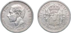 World Coins - Spain Kingdom 1879 *18-79 EMM 2 Pesetas - Alfonso XII Silver (.835) Madrid Mint (5578225) 9.79g XF KM 678 Cal 46