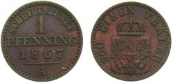 World Coins - Germany States Kingdom of Prussia Wilhelm I 1867 A 1 Pfenning 1.5g