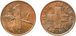 World Coins - Switzerland Federal State 1968 B 1 Rappen (wheat spike) Bronze (95% copper, 4% tin, 1% zinc) Bern Mint (4920000) 1.48g UNC  HMZ 2 1216 Divo/Tob19 328 KM 46 Schön 41 Y 54