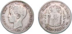 World Coins - Spain Kingdom 1902 SMV 1 Peseta - Alfonso XIII (3rd portrait) Silver (.835) Madrid Mint (2599000) 4.86g VF KM 706