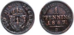 World Coins - Germany Kingdom of Prussia German states 1867 B 1 Pfenning - William I Copper 1.46g VF AKS 108 Old/Mue 2 426, 429, 433 KM 480 Kahnt/Schön 84 Neum 19