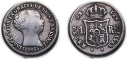 World Coins - Spain Kingdom 1853 1 Real - Isabel II Silver (.900) Barcelona Mint 1.3g VF KM 598.1