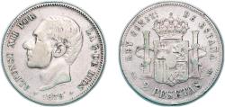 World Coins - Spain Provisional Government 1879 *??-79 EMM 2 Pesetas - Alfonso XII Silver (.835) Madrid Mint 9.93g VF KM 678 Cal 46