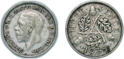 World Coins - Great Britain United Kingdom 1935 3 Pence - George V (4th issue) Silver (.500) (7027600) 1.4g XF KM 831 Sp 4042