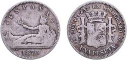 World Coins - Spain Provisional Government 1870 DEM 1 Peseta - Provisional Government (ESPAÑA) Silver (.835) Royal Mint of Spain (5164997) 4.63g VF Cal 17