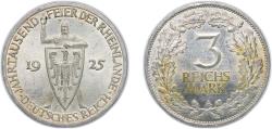 World Coins - Germany - 1871-1948 Weimar Republic 1925 A 3 Reichsmark (Rhineland) Silver (.500) (3052156) 14.95g UNC KM 46 AKS 73 J 321