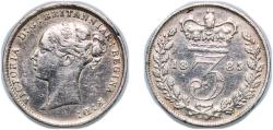 World Coins - Great Britain United Kingdom 1885 3 Pence - Victoria (1st portrait; incl. Maundy and Colonial) Silver (.925) (5183600) 1.4g XF KM 730 Sp 3914 Sp 3918