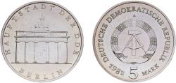 World Coins - Germany German Democratic Republic Democratic republic 1982 A 5 Mark (Brandenburg Gate) Copper-nickel Berlin Mint (30000) 9.64g UNC KM 29