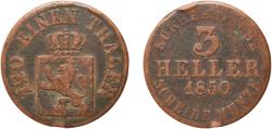 World Coins - Hesse, Electorate of 1850 3 Heller - Frederick William I Copper Kassel Mint 5.18g VF  AKS 67 Jaeg 2 FH 41 KM 612 Kahnt/Schön 51