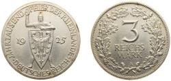 World Coins - Germany Weimar Republic 1925 A 3 Reichsmark (Rhineland) Silver (.500) Berlin Mint (3052156) 15g UNC KM 46 AKS 73 J 321