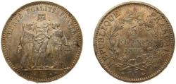 World Coins - France Third Republic 1876 A 5 Francs Silver (.900) Paris Mint (8800000) 25g AU F 334 Gad 744 KM 820