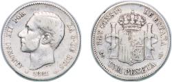 World Coins - Spain Kingdom 1881 *?-81 MSM 1 Peseta - Alfonso XII (2nd portrait) Silver (.835) (798809) 4.87g VF  KM 686 Cal 56