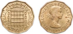 World Coins - Great Britain United Kingdom 1956 3 Pence - Elizabeth II (1st portrait; without 'BRITT:OMN') Nickel brass (79% Cu, 20% Zn, 1% Ni) Royal Mint (Tower Hill) (36801600) 6.9g UNC KM 90