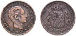 World Coins - Spain Kingdom 1879 OM 5 Centimos - Alfonso XII Bronze (95% copper, 4% tin, 1% zinc) (54994000) 4.7g VF  KM 674 Cal 70
